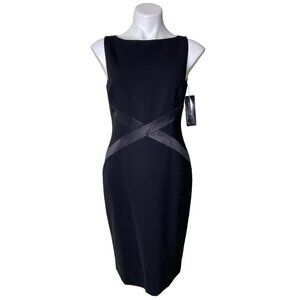 Lafayette 148 New York NWT $548 Black Midi Sheath Dress w/Leather Detail Size 4